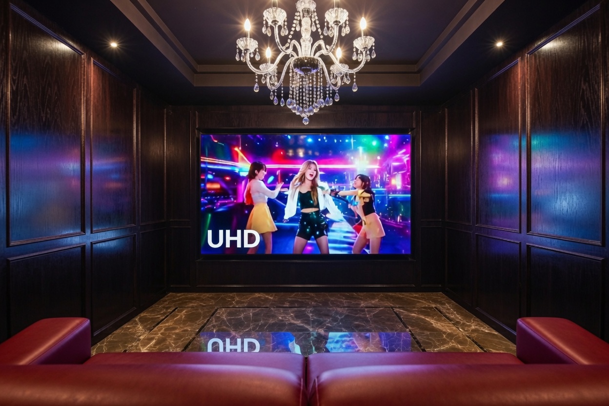 강남 가라오케 달토 특가이벤트룸 후면 — 소파 뒤에서 본 대형 UHD 스크린과 우드 패널 벽, 크리스탈 샹들리에, 버건디 가죽 소파 등받이